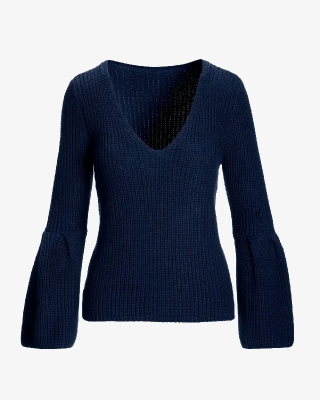 Flare Sleeve V Neck Sweater Navy