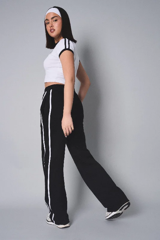 Kaiia Contrast Stripe Baggy Wide Leg Sweat Pants Black