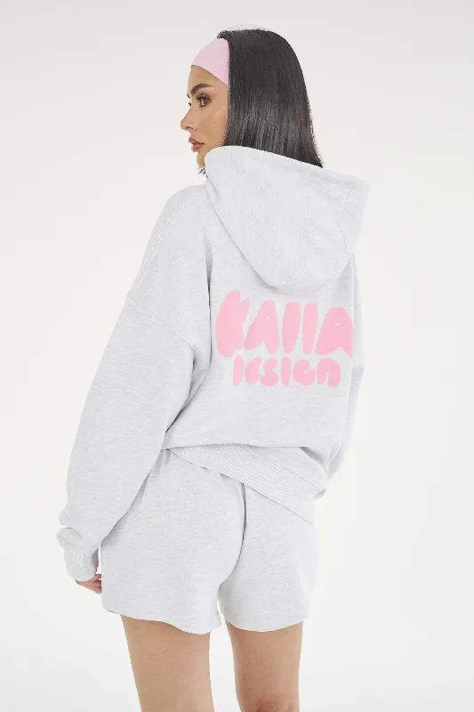 Kaiia Design Bubble Logo Oversized Hoodie Lt Grey Marl & Pink