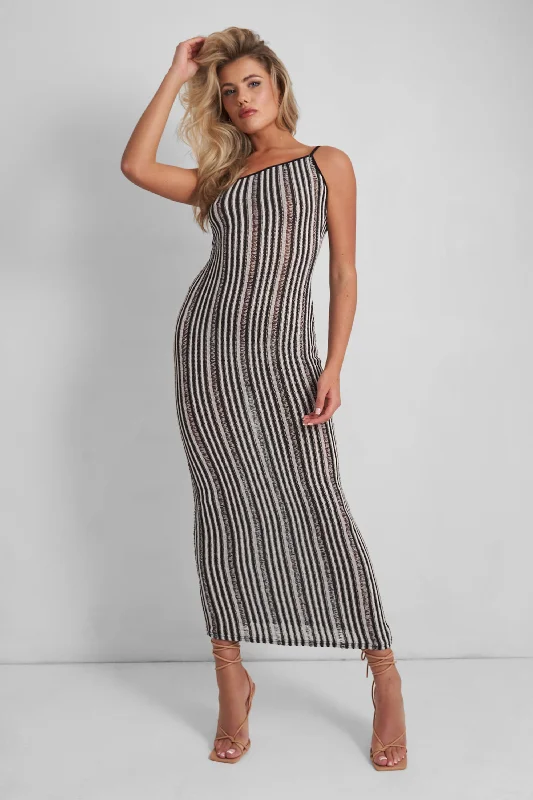 Kaiia Knitted One Shoulder Maxi Dress Black and White Stripe