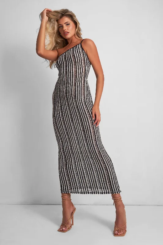 Kaiia Knitted One Shoulder Maxi Dress Black and White Stripe