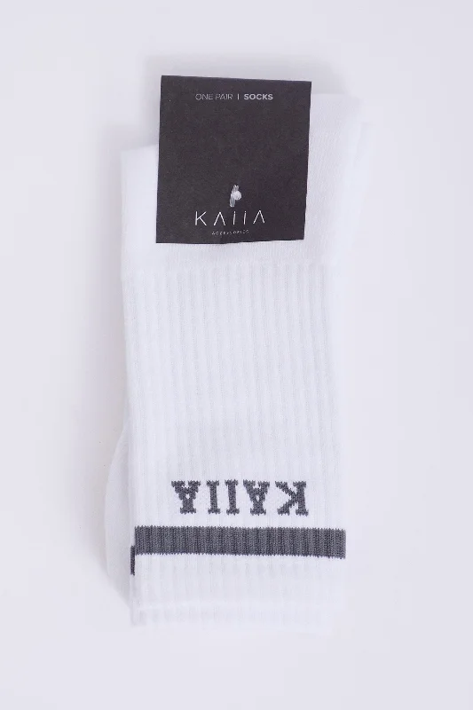 One Pair Kaiia Logo Sport Stripe Longline Socks White & Grey