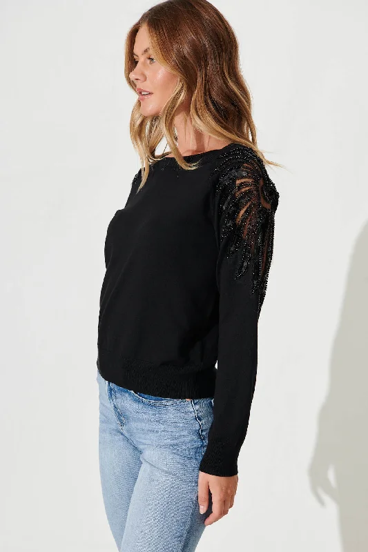 Sarandon Knit With Pearl Detail In Black Cotton Blend