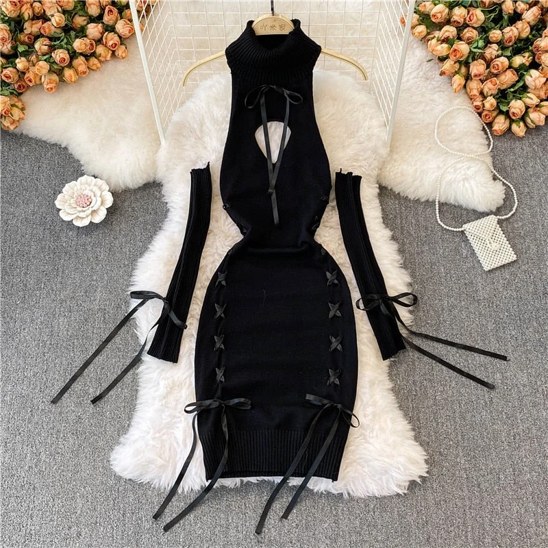 Women Sexy Sweater Dress Open Chest Backless Ribbon Strap Tops Turtleneck Long Sleeve Lacing Up Bodycon Knit Bandage Dress